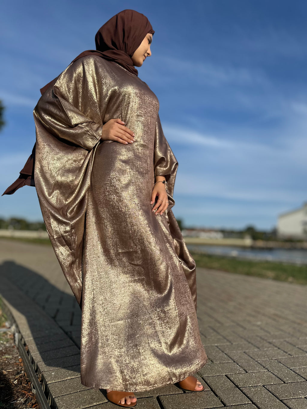 Luxury Butterfly Abaya and Hijab set with adjustable inner Belt- Brown/Gold