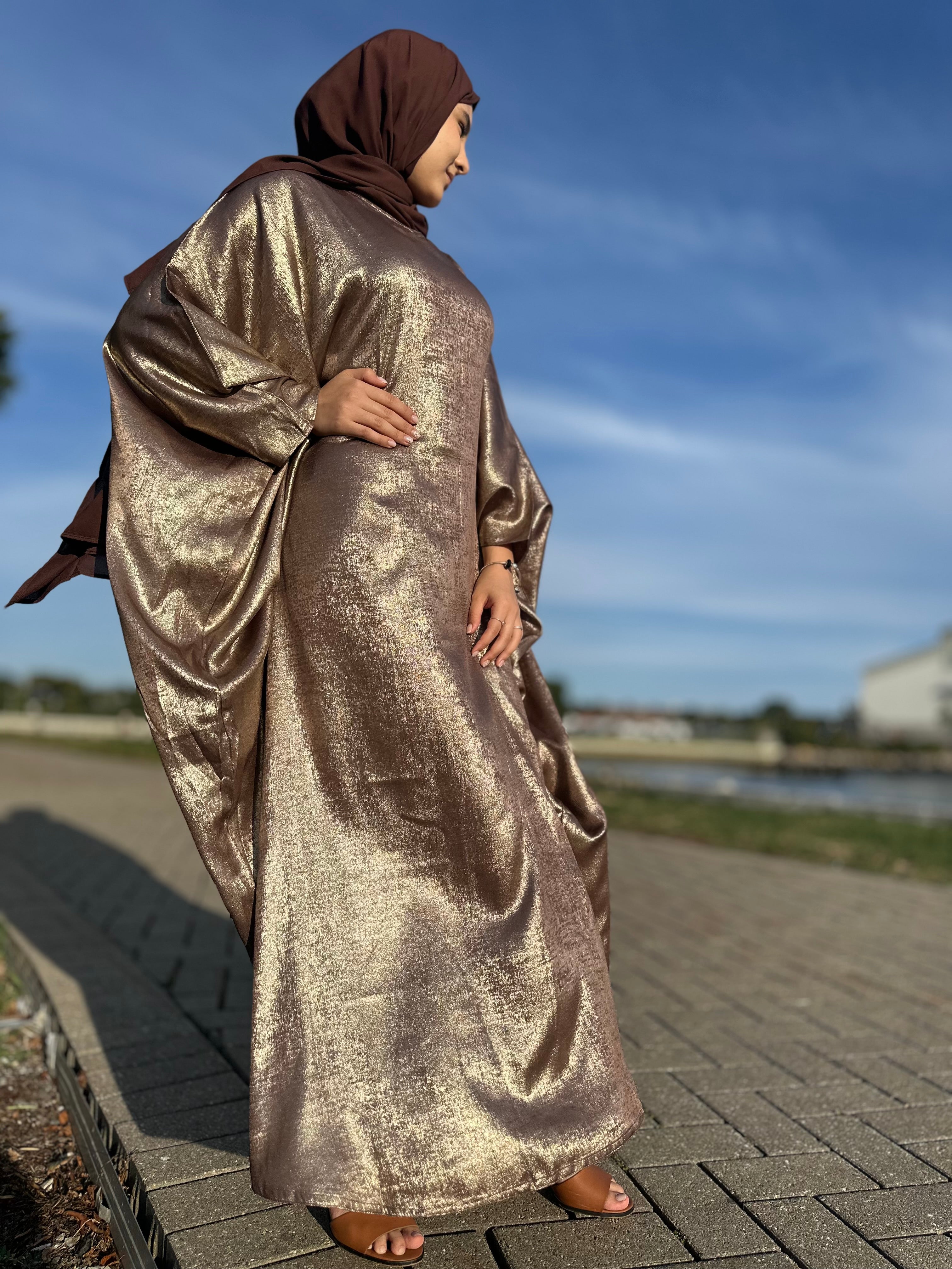 Luxury Butterfly Abaya and Hijab set with adjustable inner Belt- Brown/Gold
