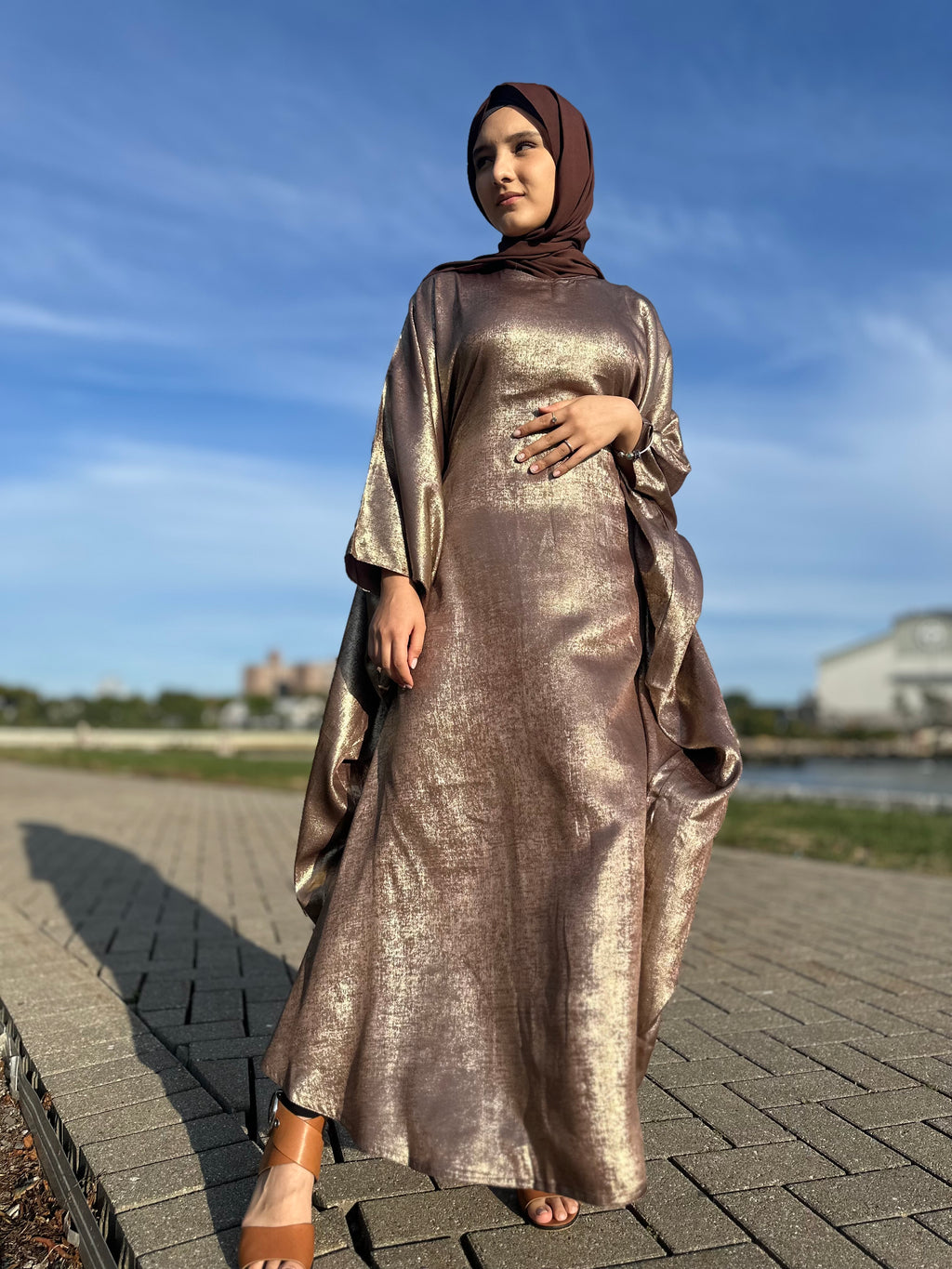 Luxury Butterfly Abaya and Hijab set with adjustable inner Belt- Brown/Gold