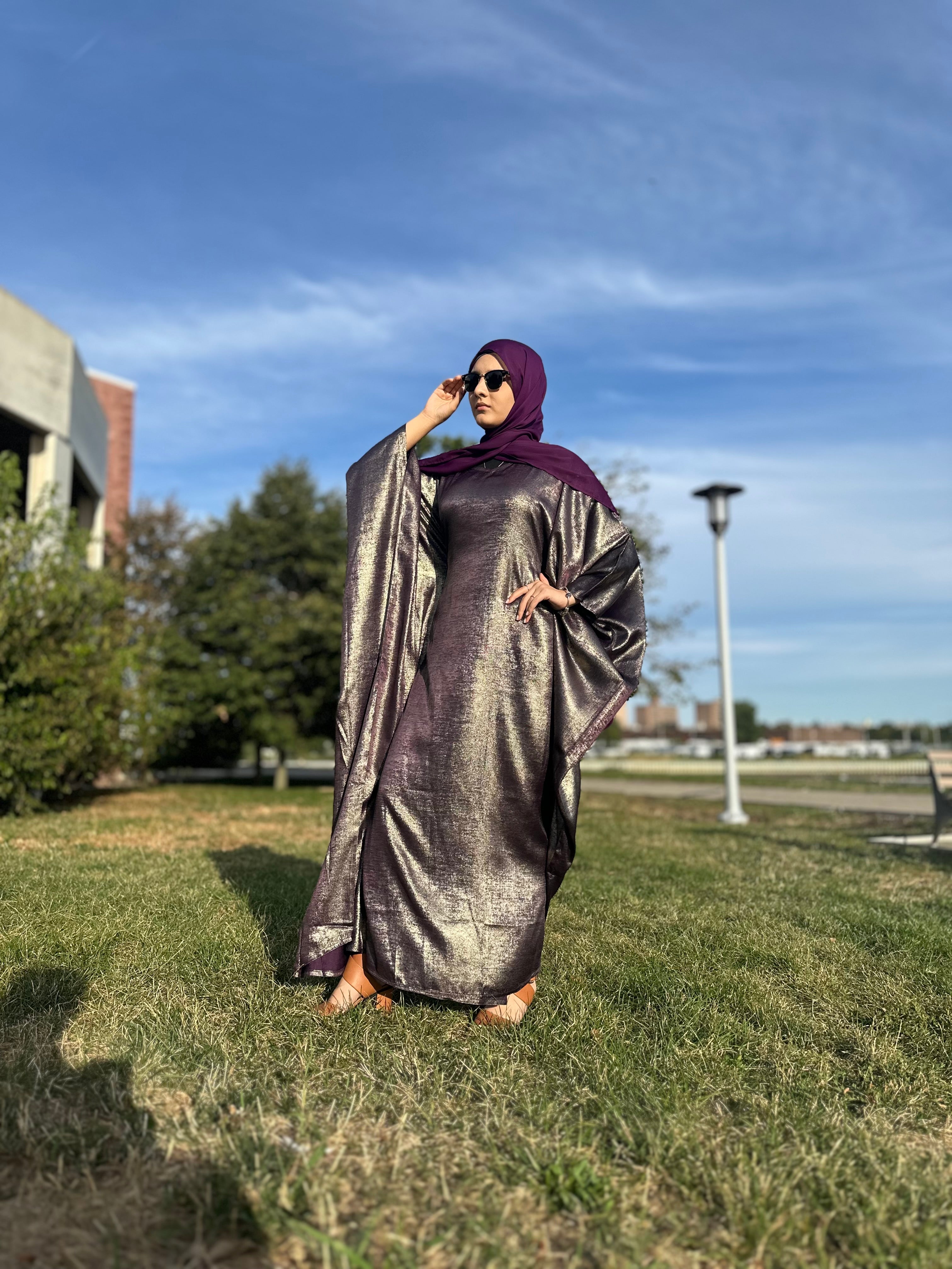 Luxury Butterfly Abaya and Hijab set with adjustable inner Belt- Plum