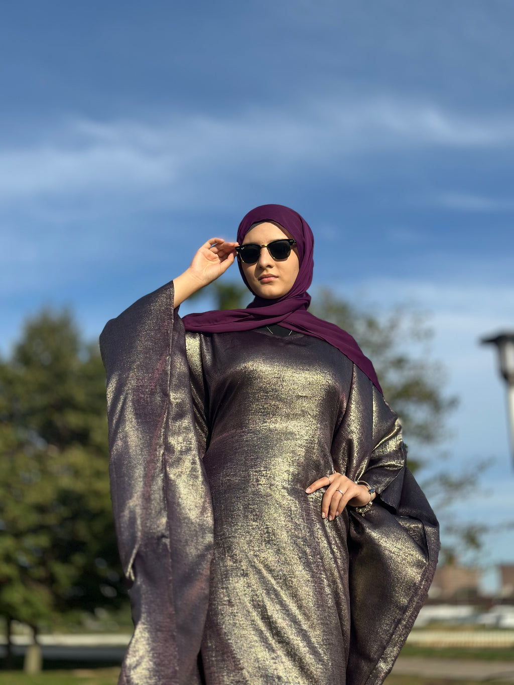Luxury Butterfly Abaya and Hijab set with adjustable inner Belt- Plum