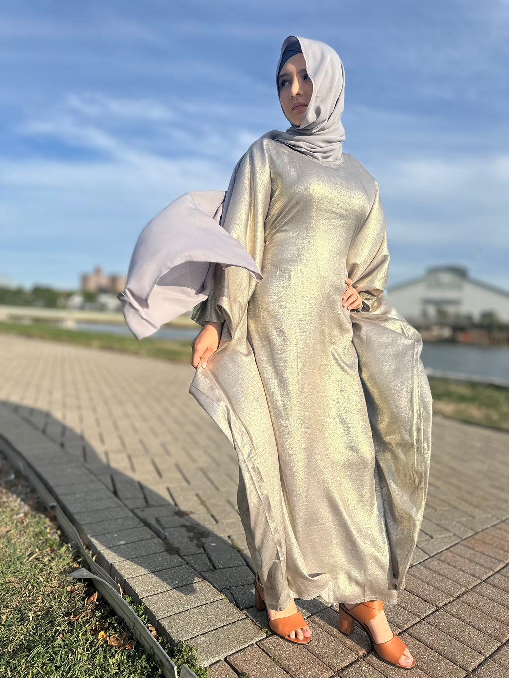 Luxury Butterfly Abaya and Hijab set with adjustable inner Belt- Silver/Grey