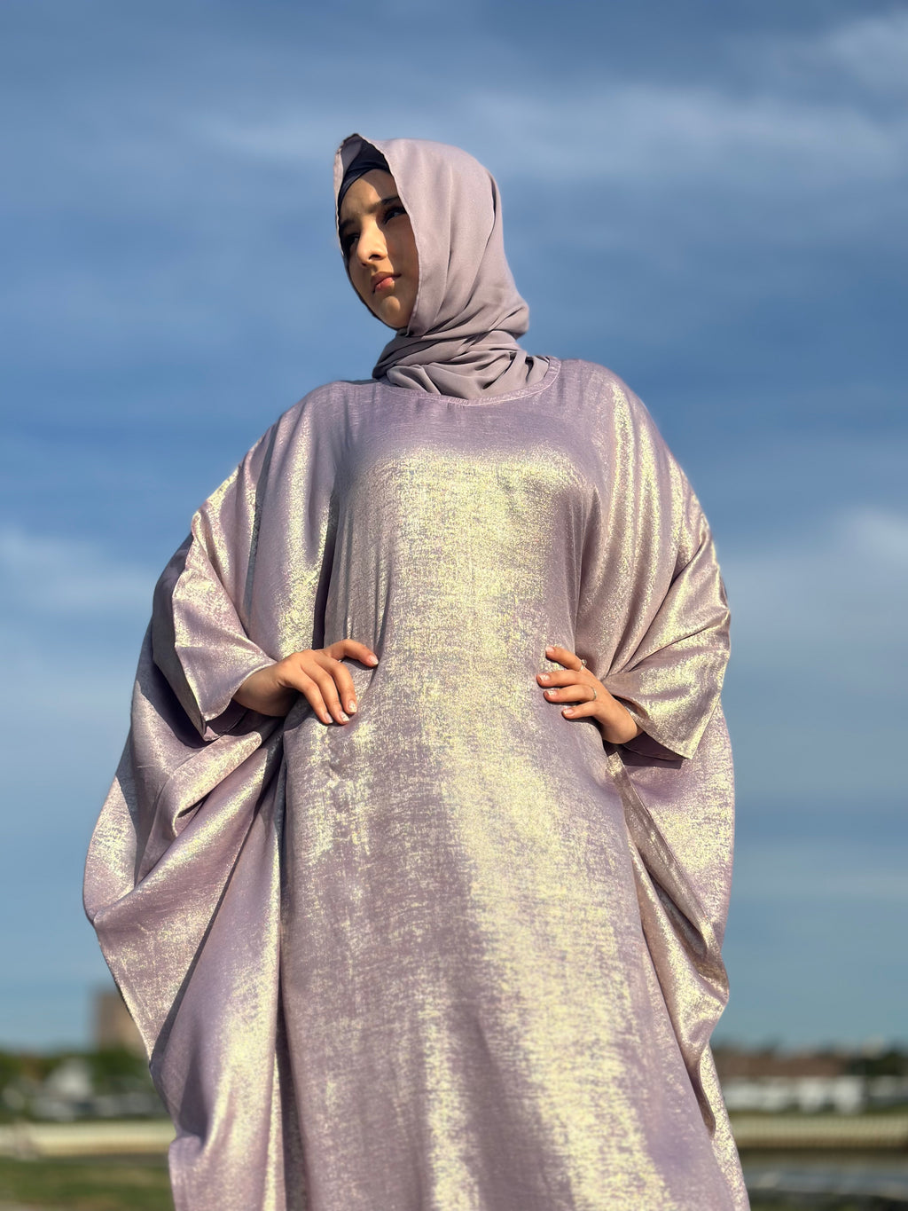 Luxury Butterfly Abaya and Hijab set with adjustable inner Belt- Lilac
