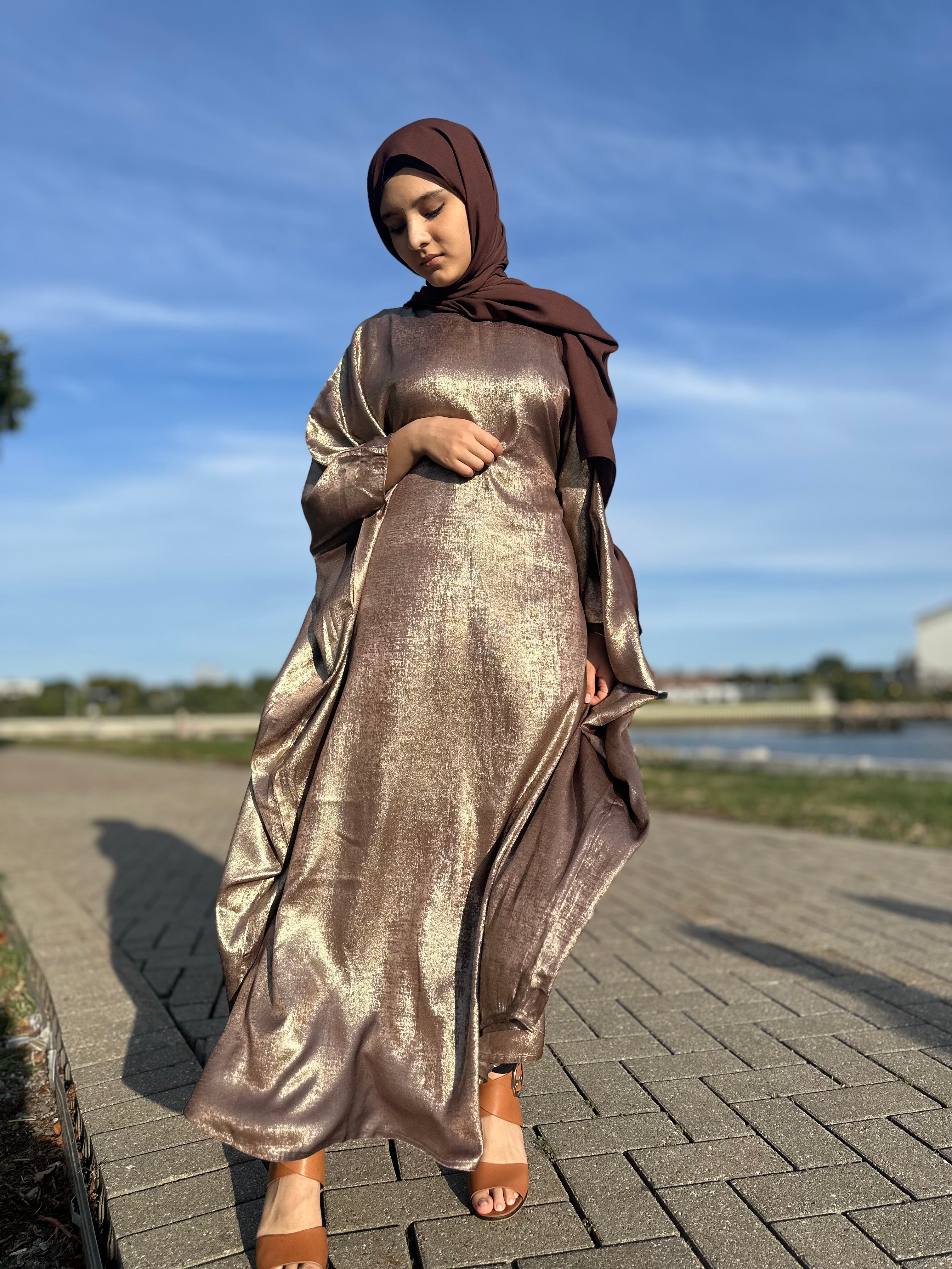 Luxury Butterfly Abaya and Hijab set with adjustable inner Belt- Brown/Gold