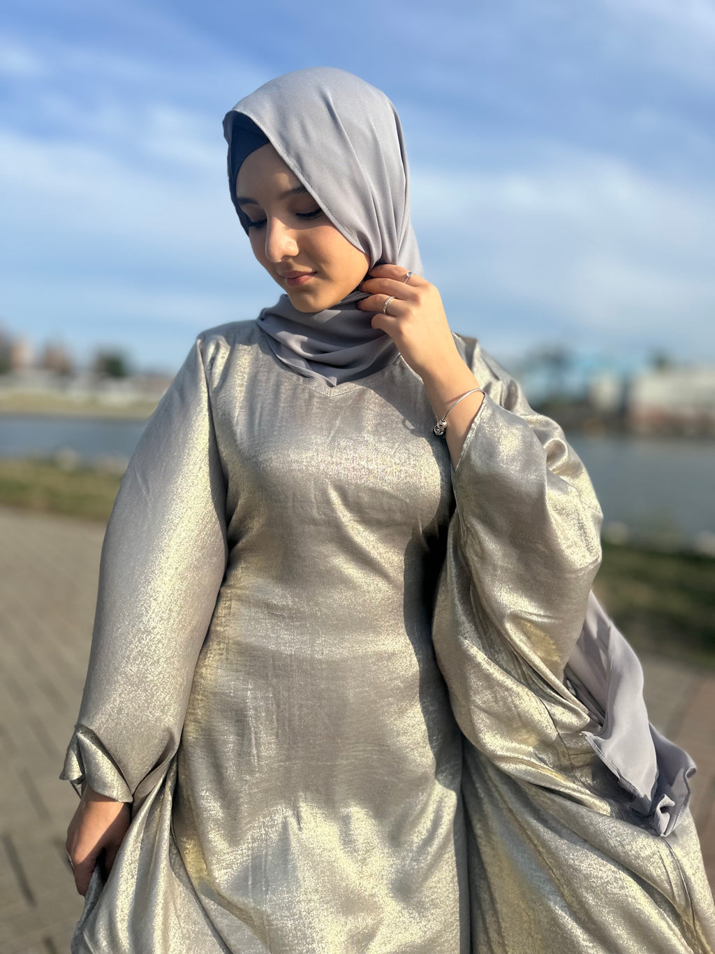 Luxury Butterfly Abaya and Hijab set with adjustable inner Belt- Silver/Grey