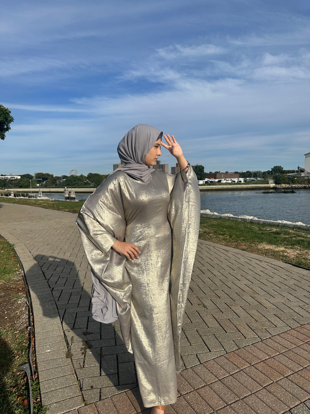 Luxury Butterfly Abaya and Hijab set with adjustable inner Belt- Silver/Grey