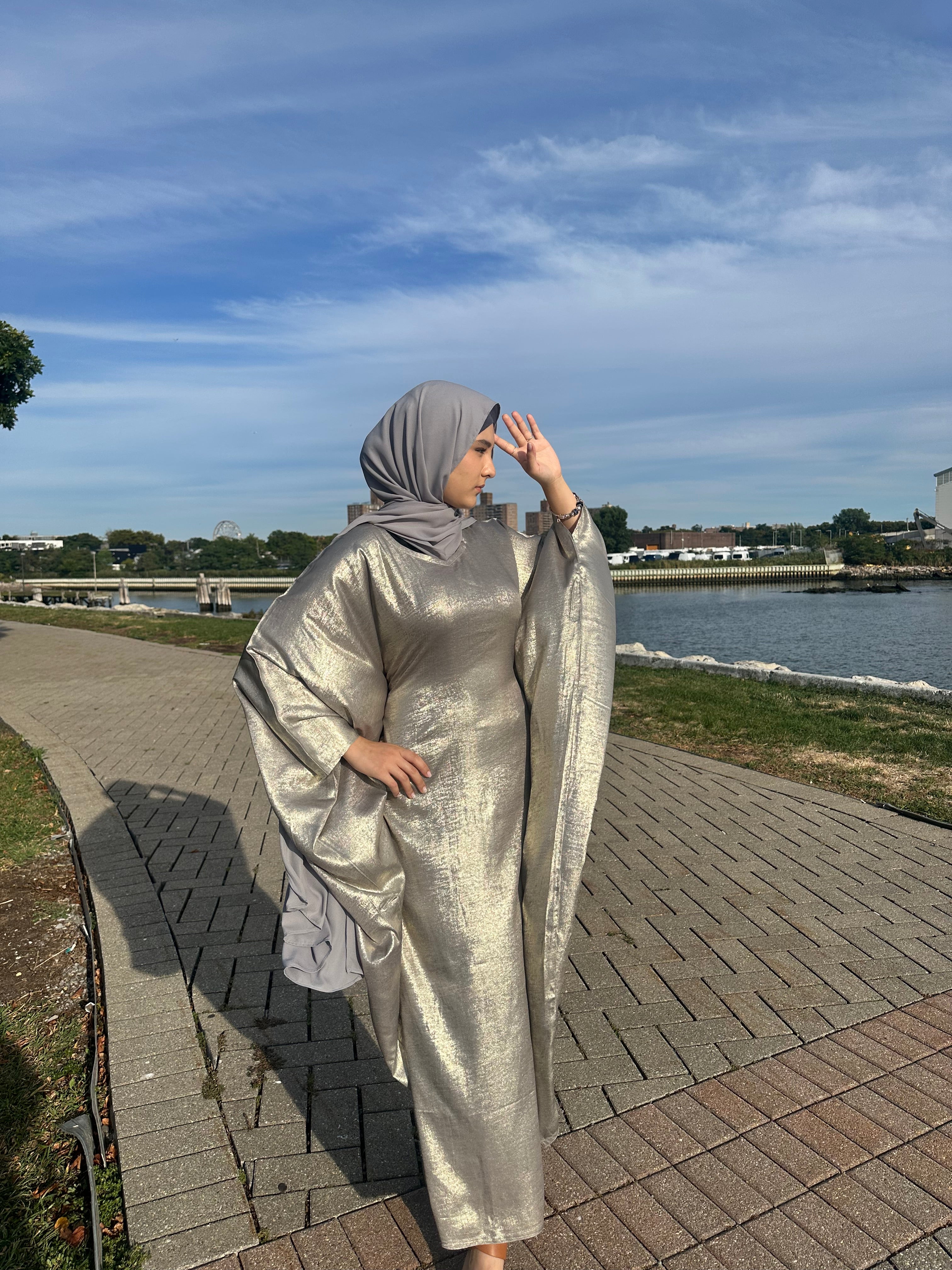Luxury Butterfly Abaya and Hijab set with adjustable inner Belt- Silver/Grey