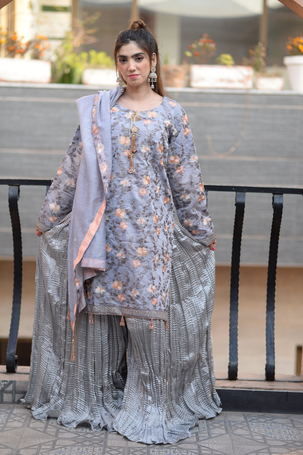 Peach/Grey chic- crushed Sharara Set