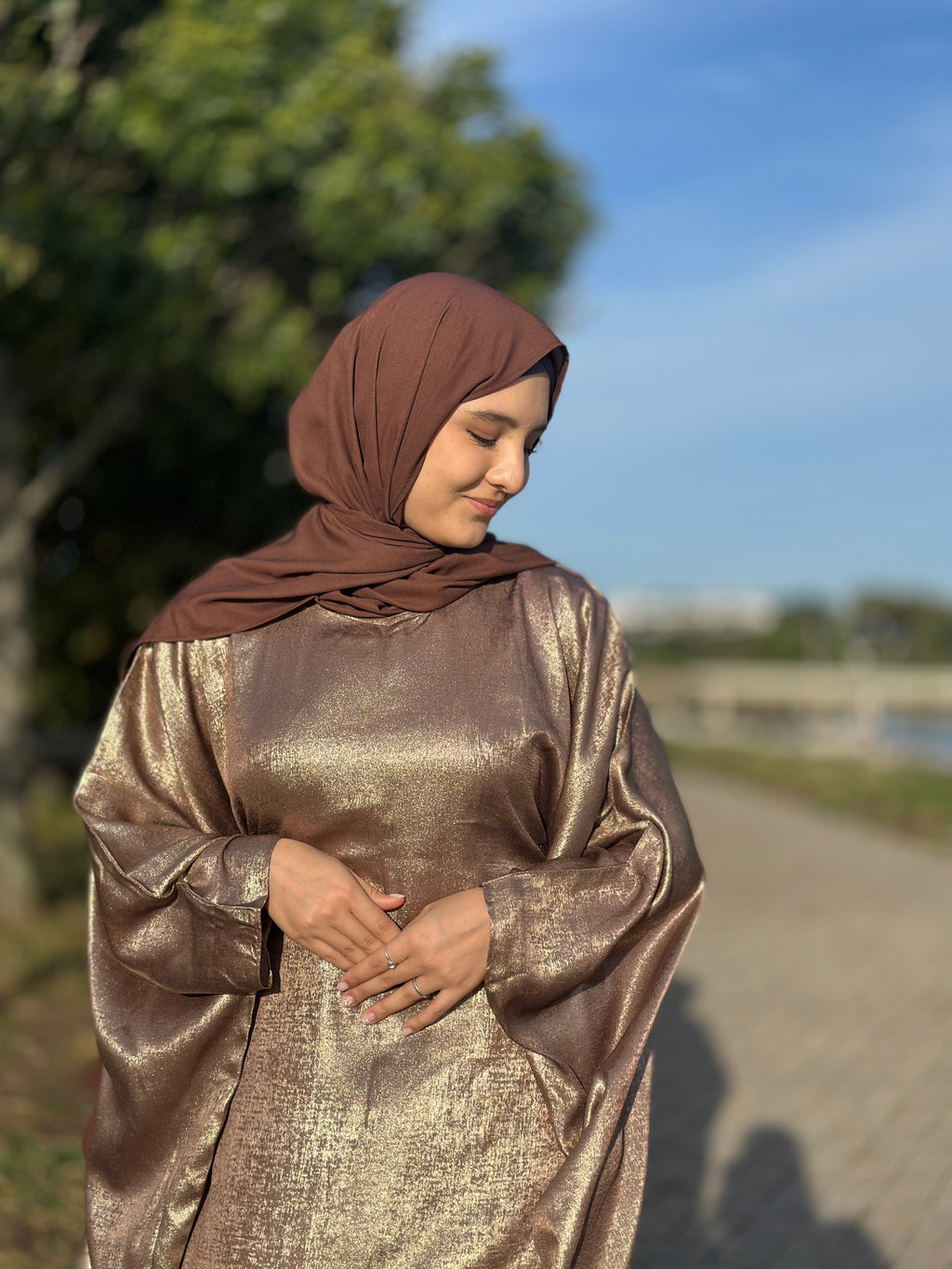 Luxury Butterfly Abaya and Hijab set with adjustable inner Belt- Brown/Gold