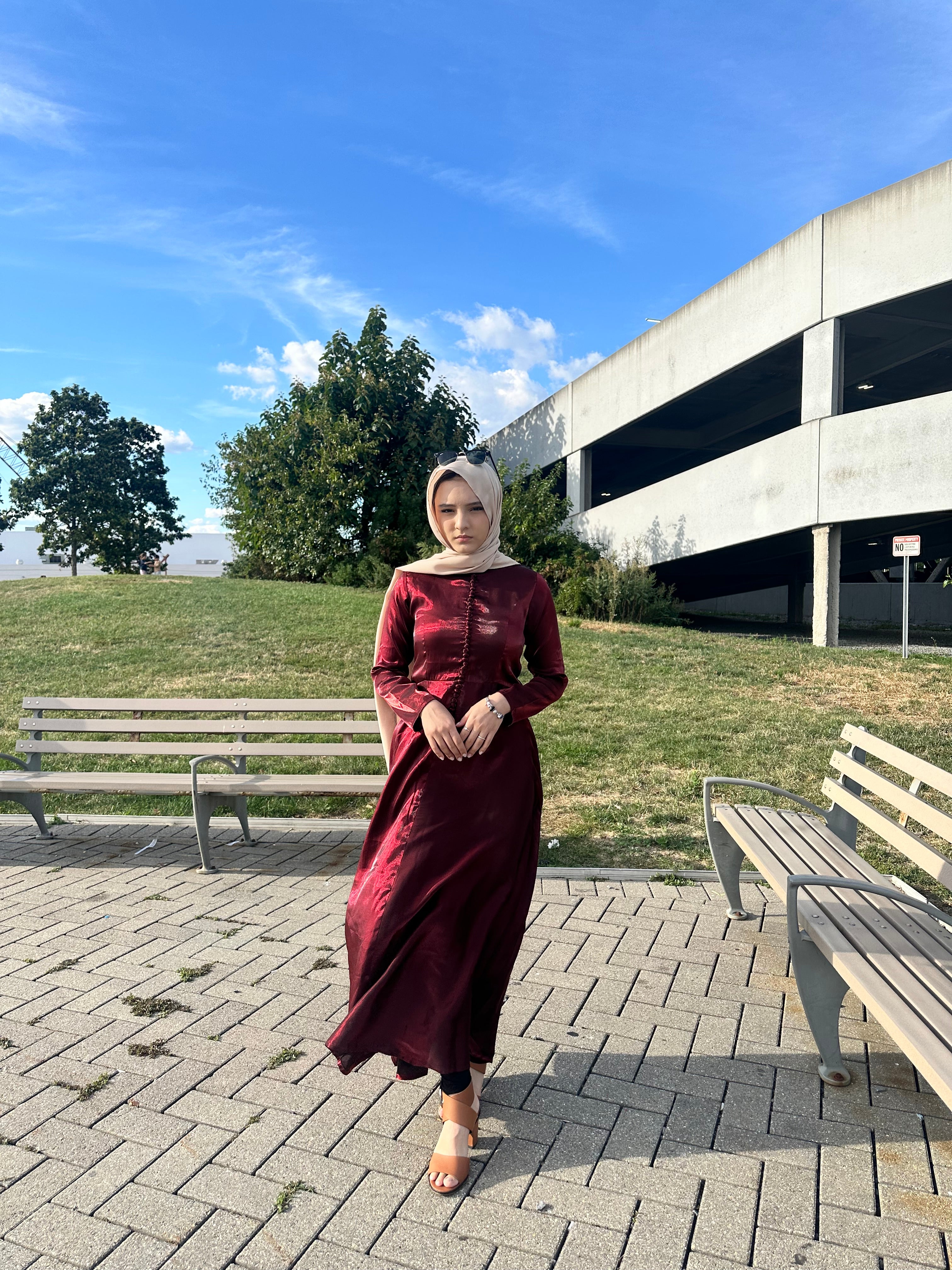 Metallic Burgundy A-line Maxi