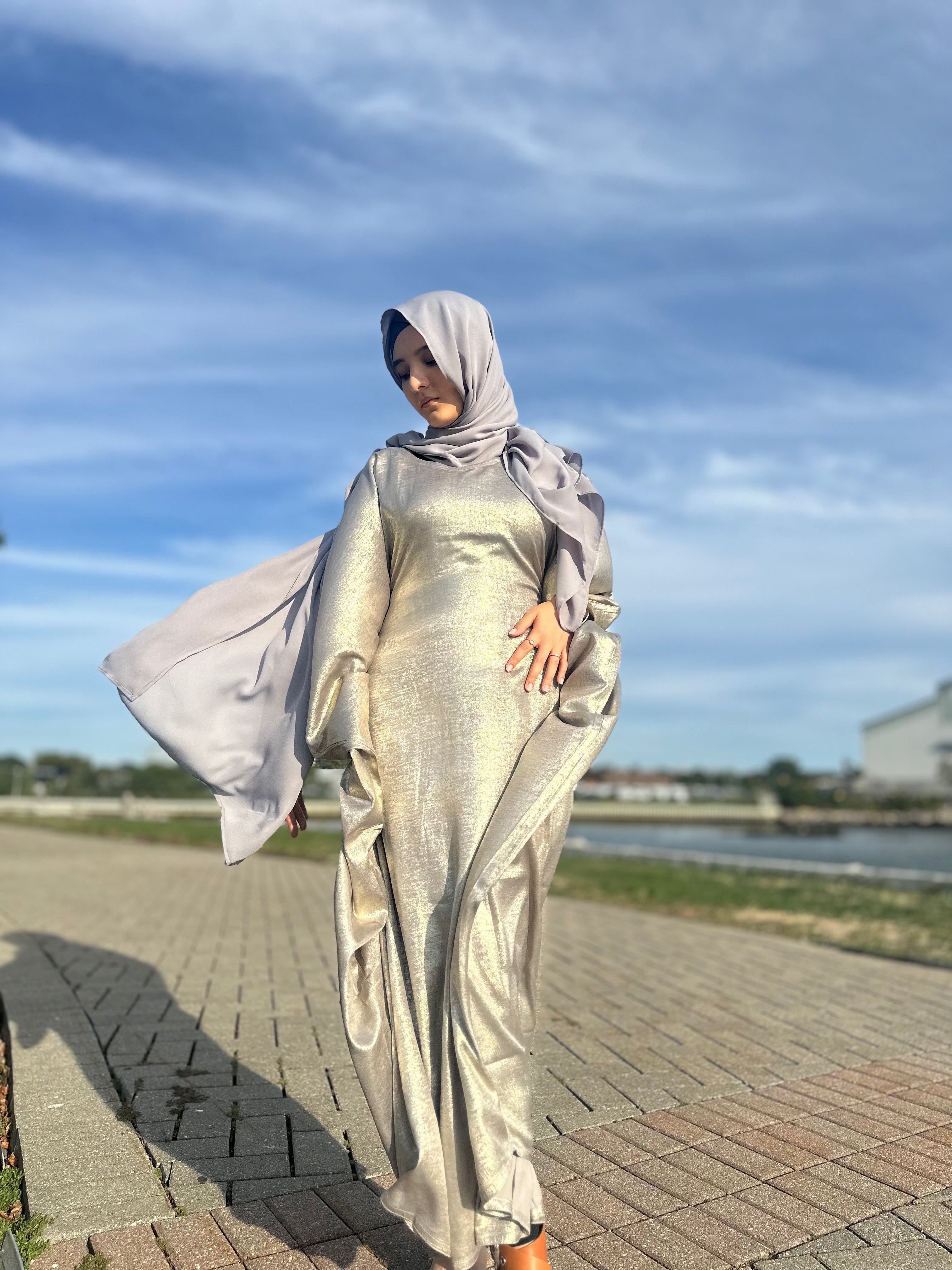 Luxury Butterfly Abaya and Hijab set with adjustable inner Belt- Silver/Grey