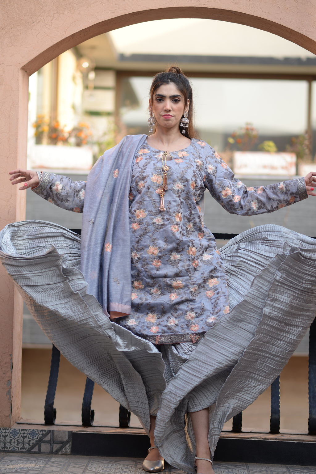 Peach/Grey chic- crushed Sharara Set