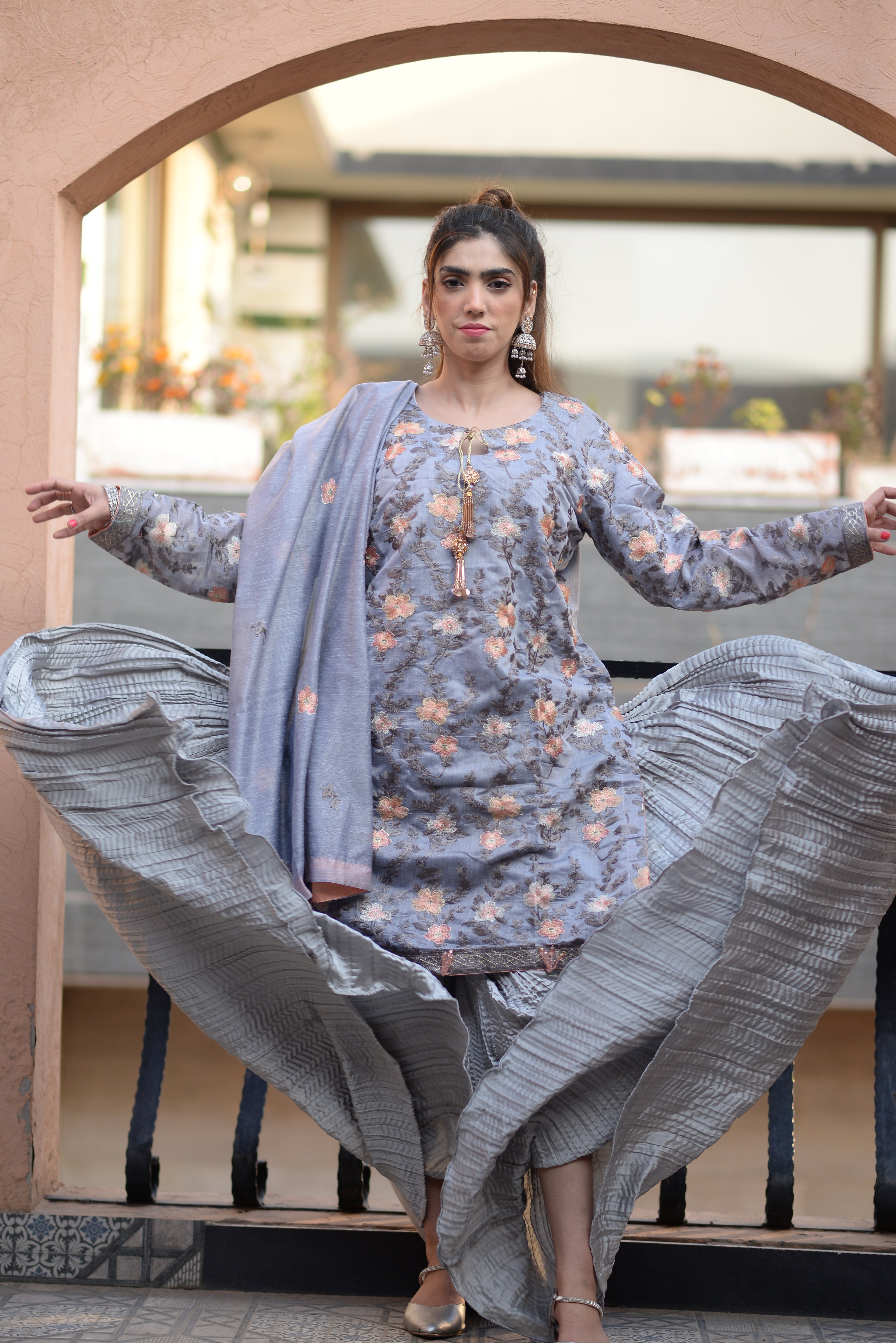 Peach/Grey chic- crushed Sharara Set