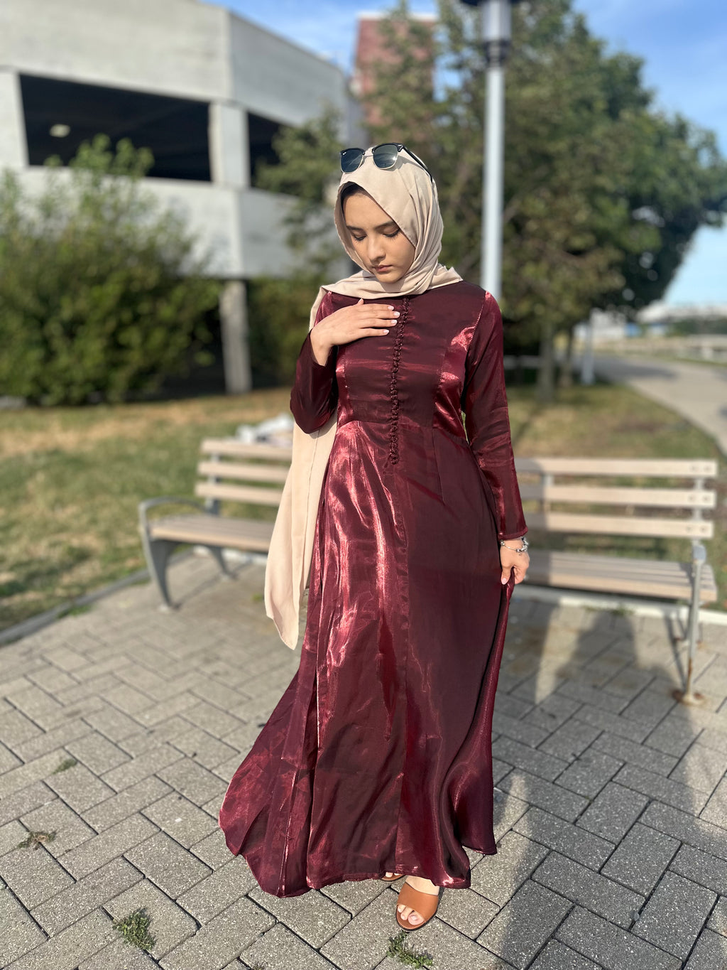 Metallic Burgundy A-line Maxi