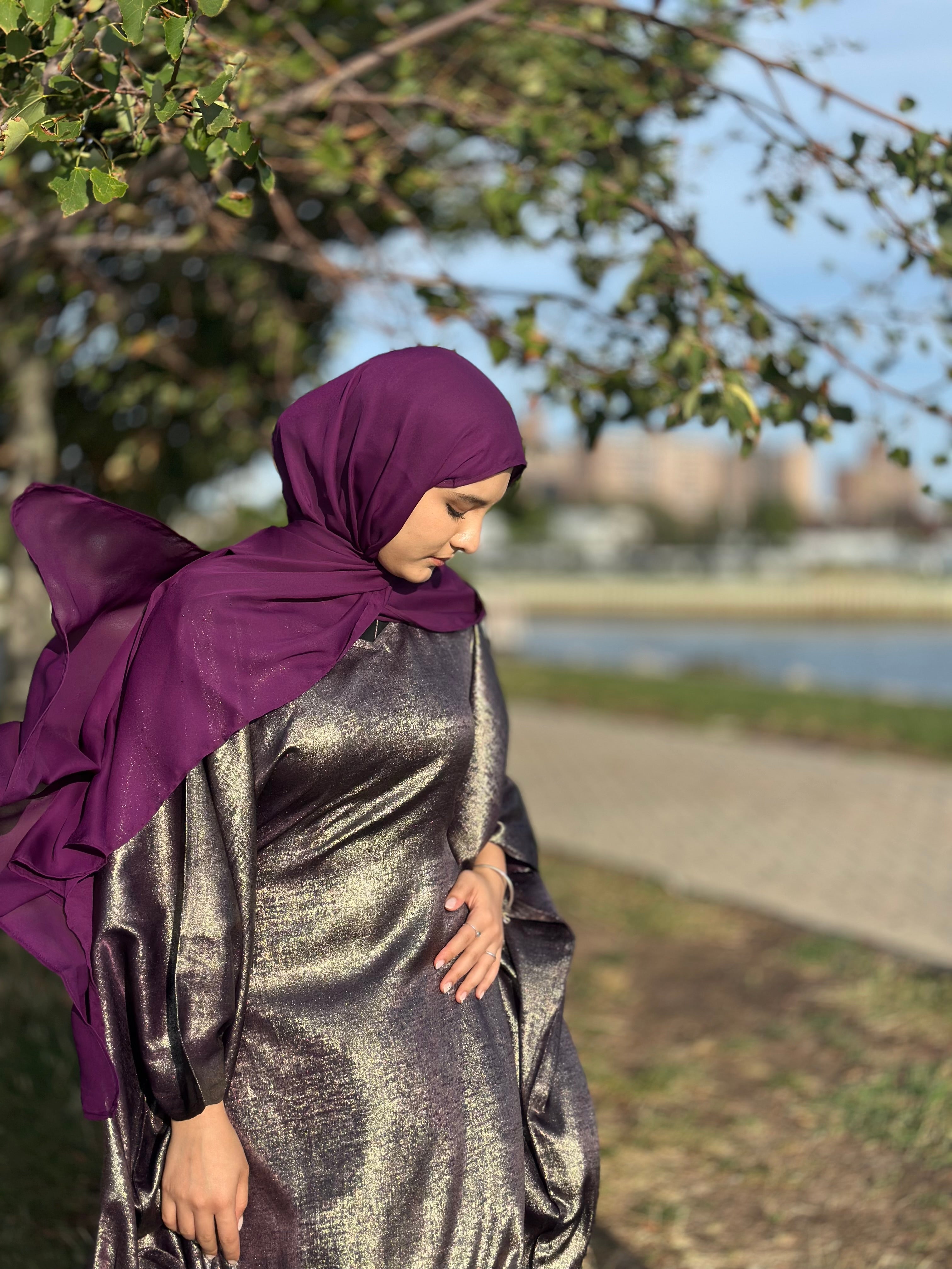 Luxury Butterfly Abaya and Hijab set with adjustable inner Belt- Plum