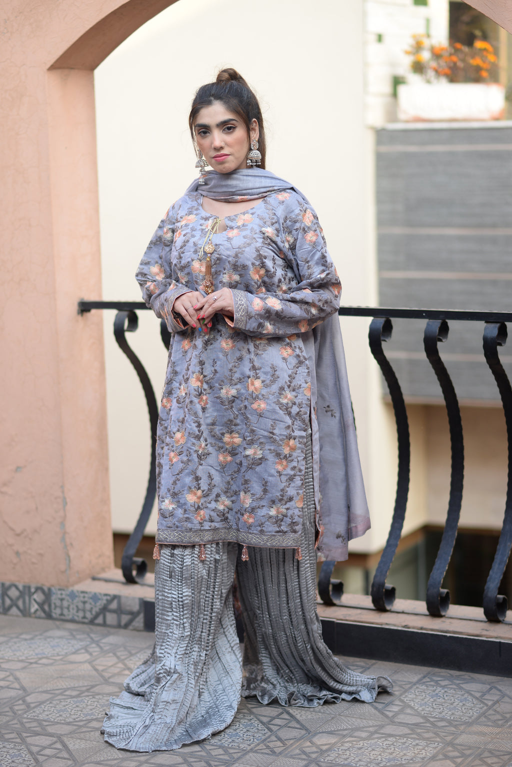 Peach/Grey chic- crushed Sharara Set