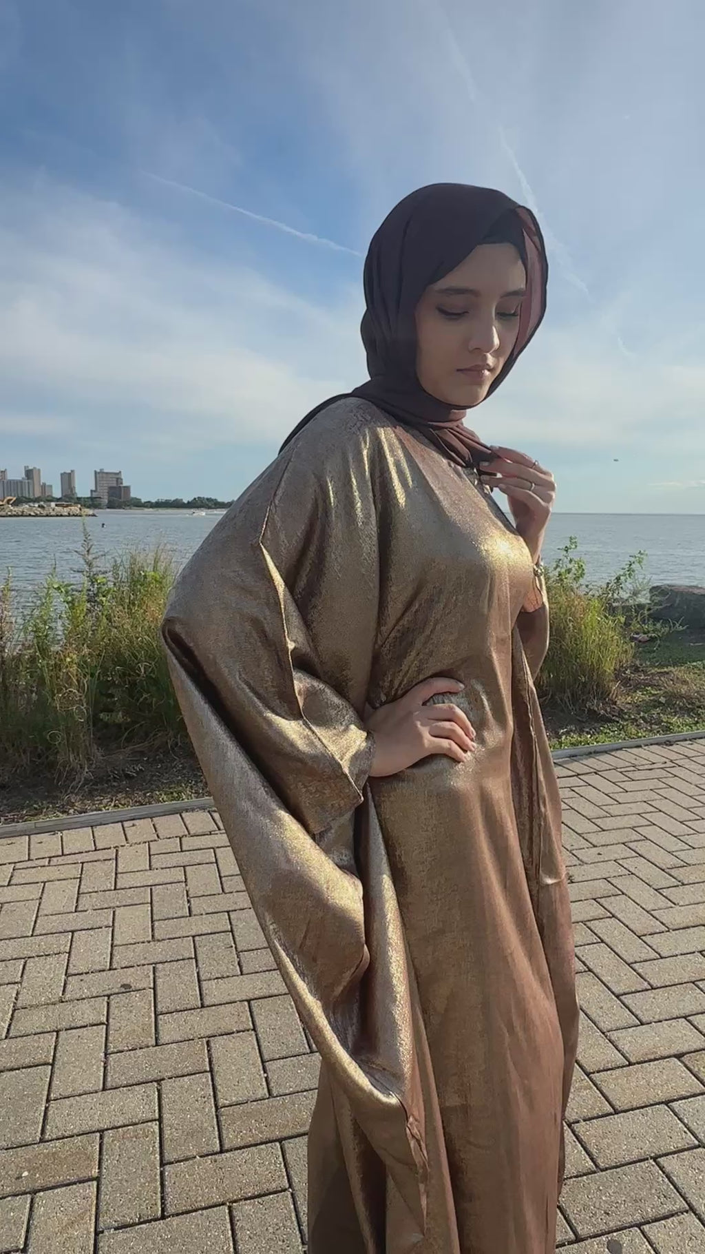 Luxury Butterfly Abaya and Hijab set with adjustable inner Belt- Brown/Gold