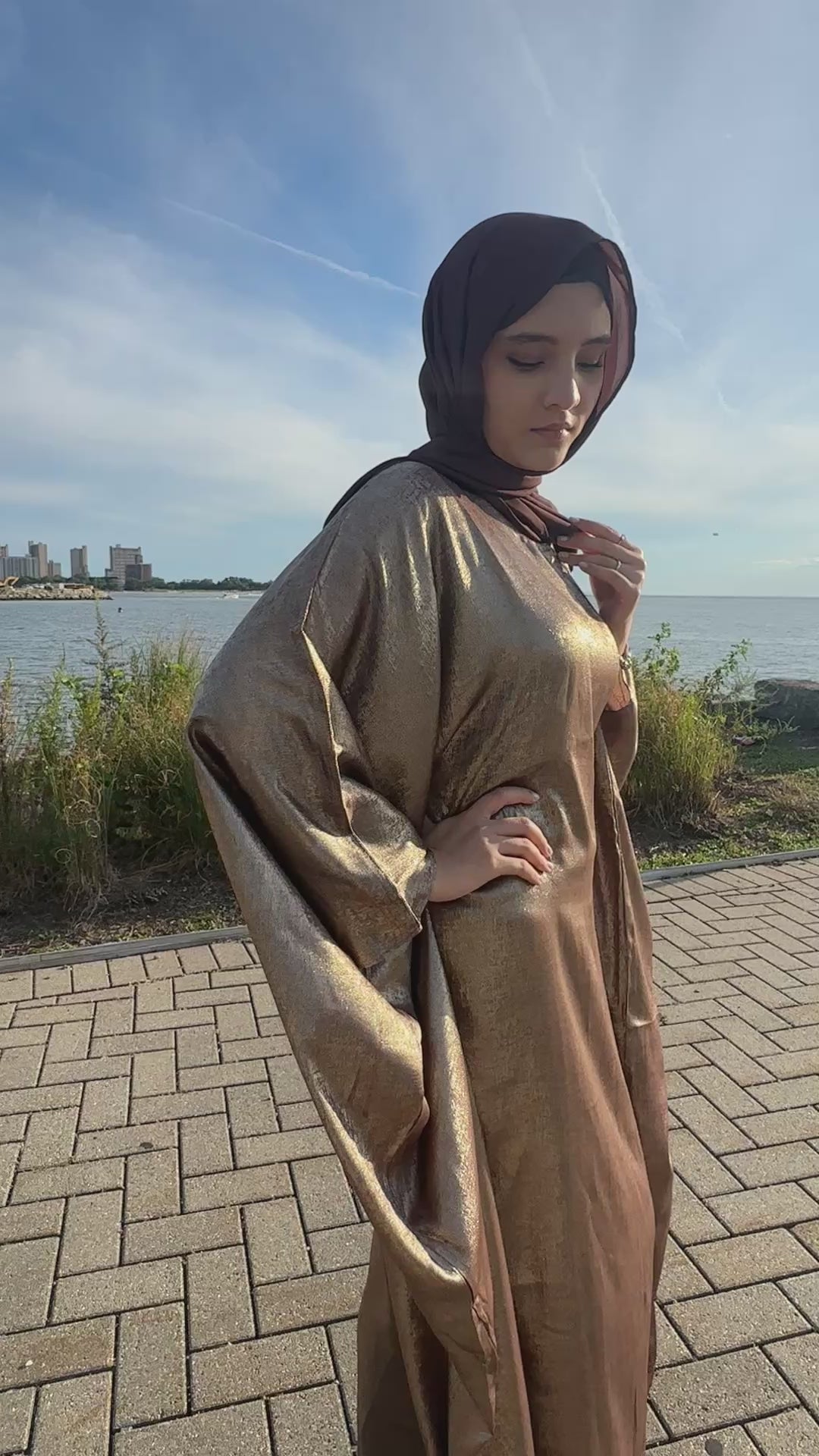Luxury Butterfly Abaya and Hijab set with adjustable inner Belt- Brown/Gold