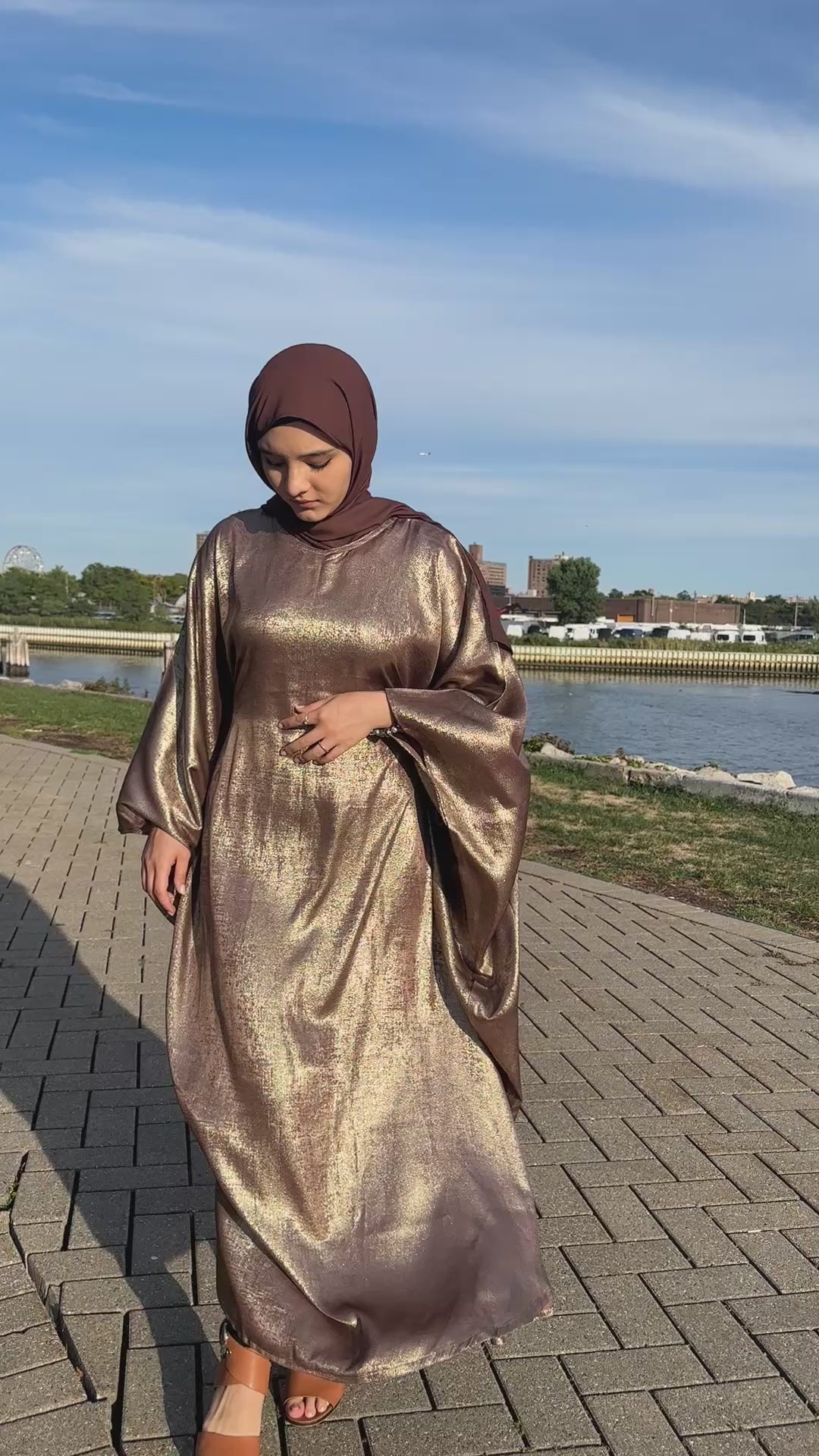 Luxury Butterfly Abaya and Hijab set with adjustable inner Belt- Brown/Gold