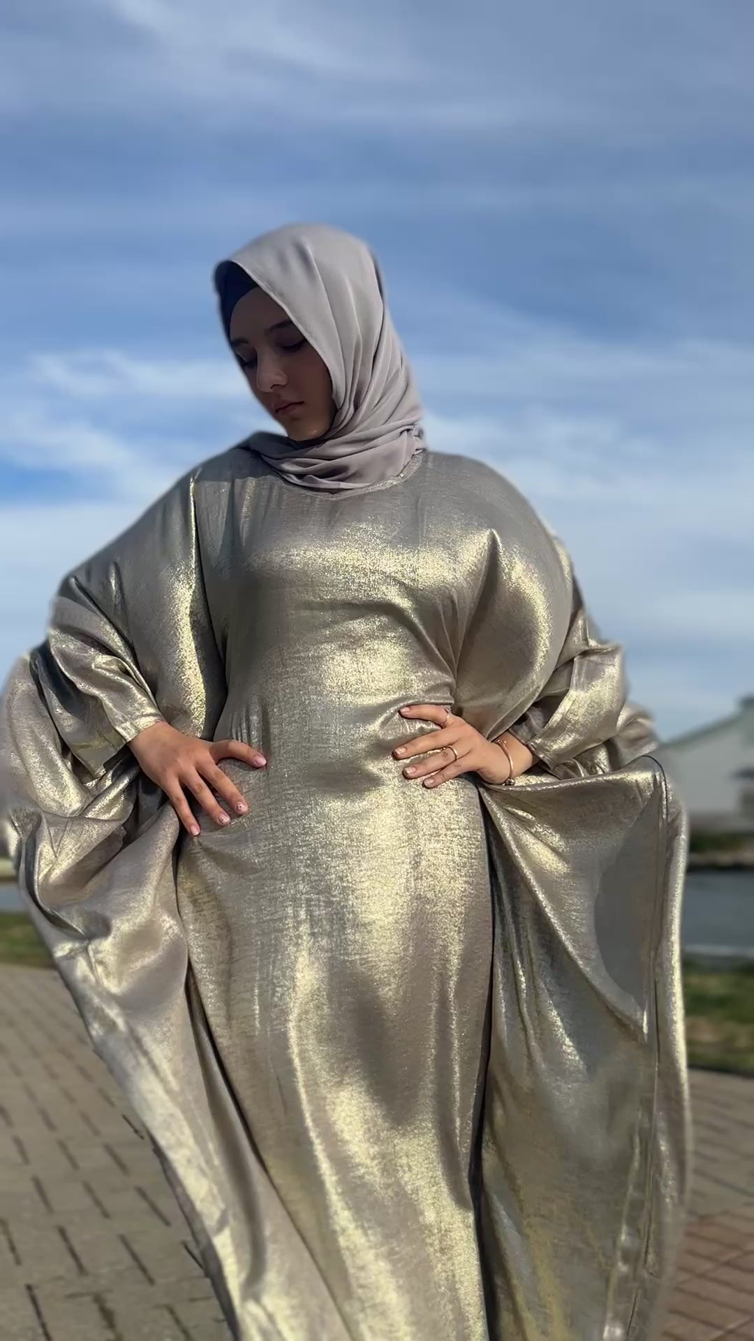 Luxury Butterfly Abaya and Hijab set with adjustable inner Belt- Silver/Grey