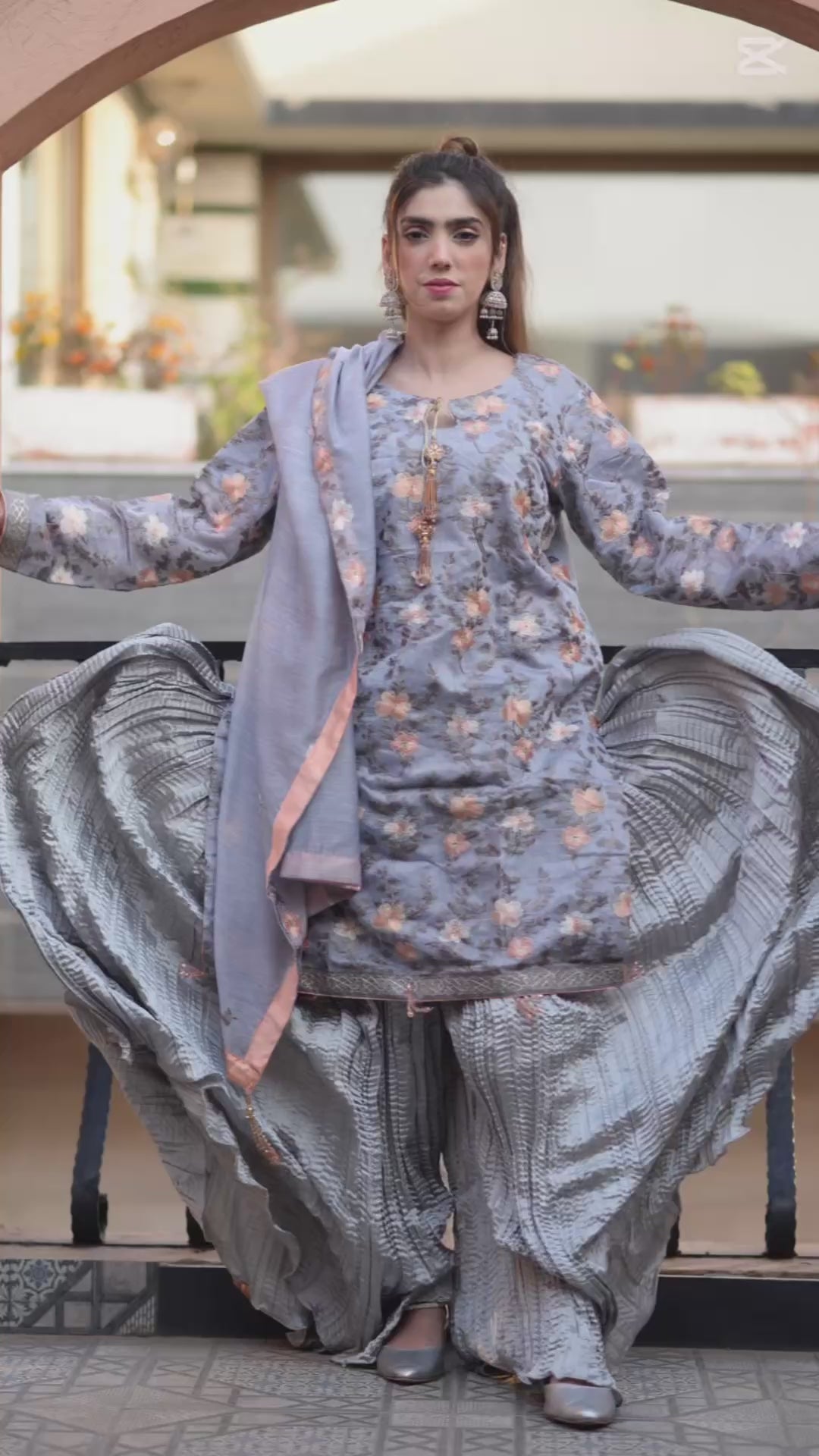Peach/Grey chic- crushed Sharara Set