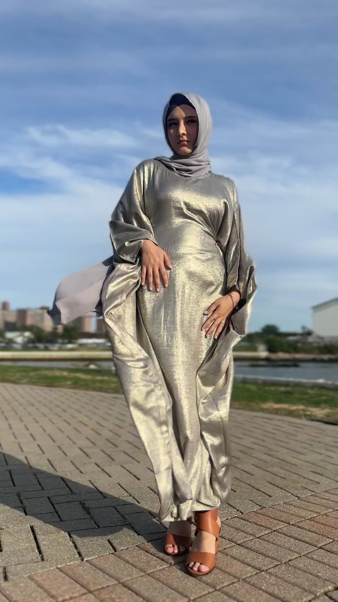 Luxury Butterfly Abaya and Hijab set with adjustable inner Belt- Silver/Grey